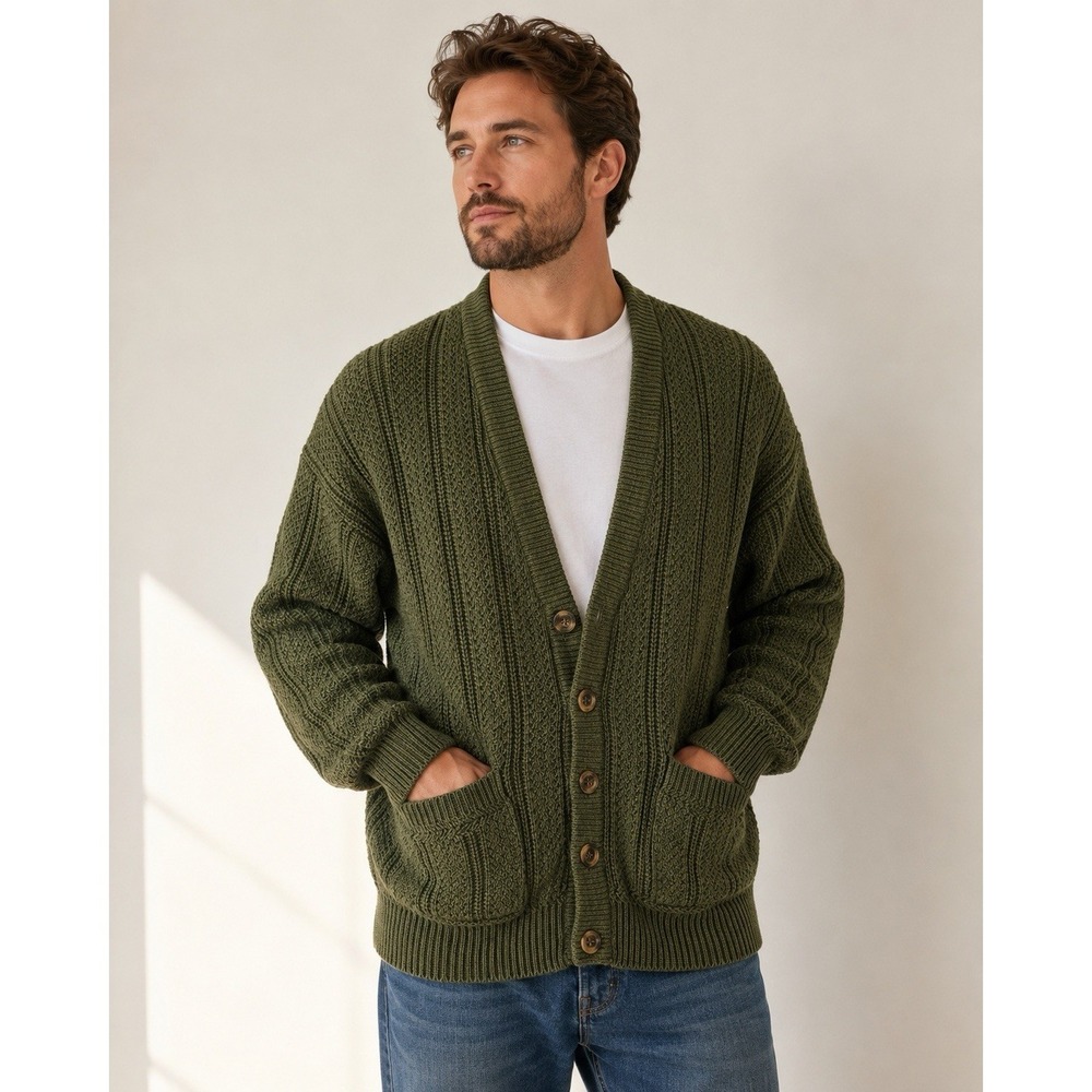 Vintage Savile Row XL Olive Green Knit Cardigan Sweater Button Front Chunky